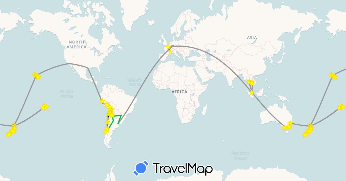 TravelMap itinerary: driving, bus, plane, cycling, train, hiking, boat, motorbike in Argentina, Australia, Bolivia, Chile, Germany, France, Cambodia, New Zealand, Peru, French Polynesia, Singapore, Thailand, United States (Asia, Europe, North America, Oceania, South America)